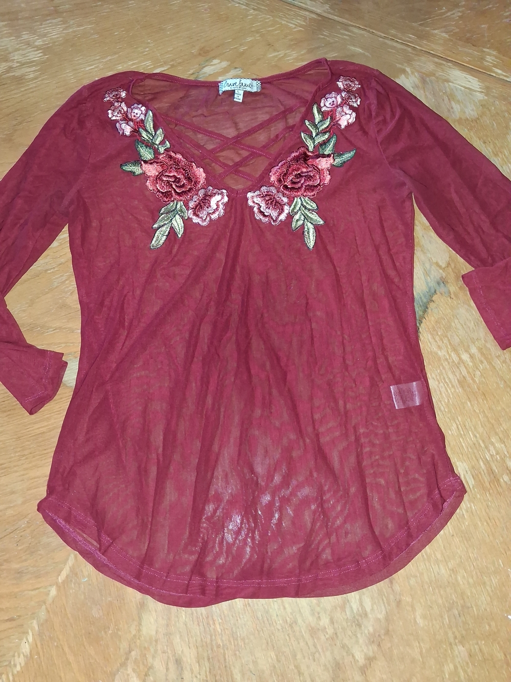 Love Tree Wine Sheer Long-Sleeve Top with Floral Appliqué
